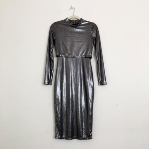 U Style Gray Metallic Long Sleeve KneeLength Dress